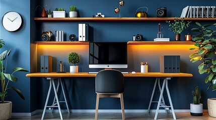 Sticker - Modern Workstation: A tidy and stylish desk setup with contemporary equipment and a clean design, perfect for business presentations and modern work environments. High resolution Illustration, in the