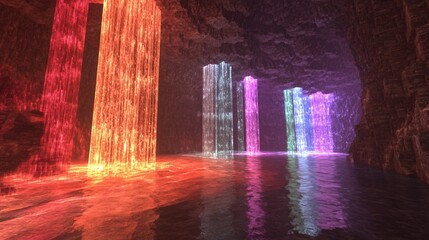 Wall Mural - colorful waterfalls inside a dark cave with glowing water reflections.
