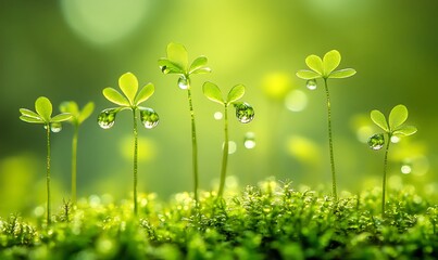 Poster - Fresh green sprouts adorned with dew drops thrive on a vibrant mossy ground, representing growth and nature's beauty.