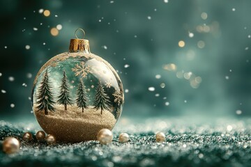 Green and gold christmas ornament falling snow