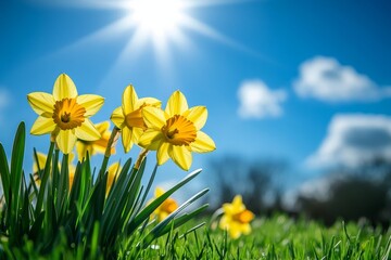 Wall Mural - close up shot of yellow daffodils blooming in a field of green grass under a blue sky with sun shini