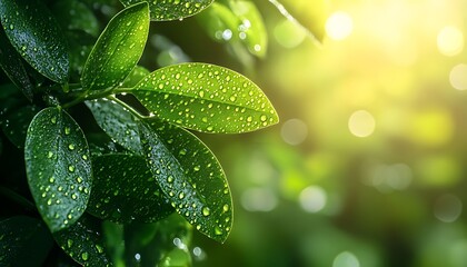 Poster - A close-up of shimmering green leaves adorned with dewdrops, illuminated by gentle sunlight, creating a serene, refreshing atmosphere.
