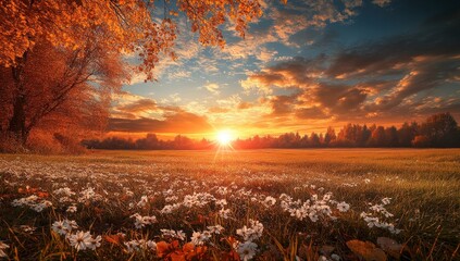 Wall Mural - a field of daisies at sunset with an orange sky and a lone tree in the foreground.