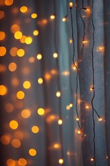 Fototapete - Soft, glowing fairy lights create a warm ambiance against a textured fabric background, evoking a cozy, inviting atmosphere.