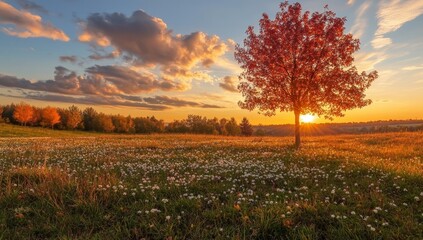 Wall Mural - a lone tree stands in a field of wildflowers at sunset, with the sun shining through its branches.