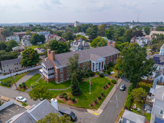 Shore View House aerial view on Ocean Street at Atlantic Terrace in Lynn city, Essex County, Massachusetts MA, USA. Now this building is House for Elderly Persons.