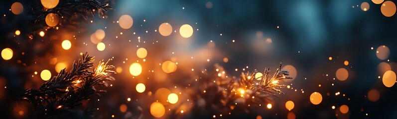 Poster - A mesmerizing display of sparkling lights and bokeh effects, creating a vibrant atmosphere with warm golden hues against a cool blue background.