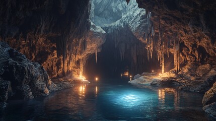 Wall Mural - dark cave with a pool of water and glowing lights.