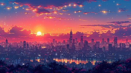 Canvas Print - Skyline at Twilight: A stunning view of a city skyline at twilight with glowing lights and contemporary architecture ideal for urban themes and city-related projects. High resolution Illustration, in