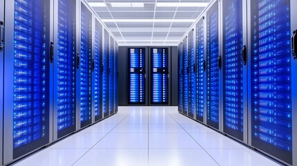 A modern data center with rows of servers illuminated by blue lights. 
