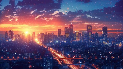 Sticker - City at Dusk: A stunning view of a city skyline at dusk with illuminated buildings and busy streets ideal for themes related to city life and urban environments. High resolution Illustration, in the