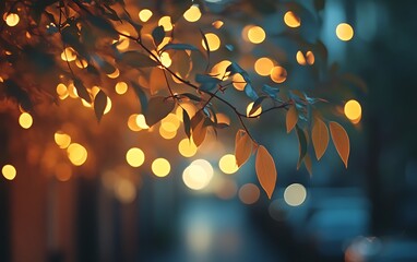 Poster - A soft-focus image featuring illuminated leaves against a blurred background, creating an enchanting, warm atmosphere with glowing bokeh effects.