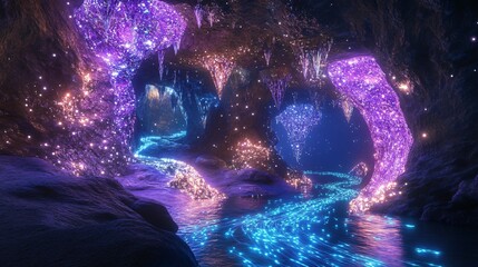 Wall Mural - glowing blue water river flowing through magical purple cave.