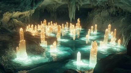 Wall Mural - glowing crystals rise from a pool of water inside a cave, surrounded by jagged rocks.