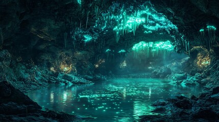 Wall Mural - glowing green water in a dark cave with stalactites hanging from the ceiling.