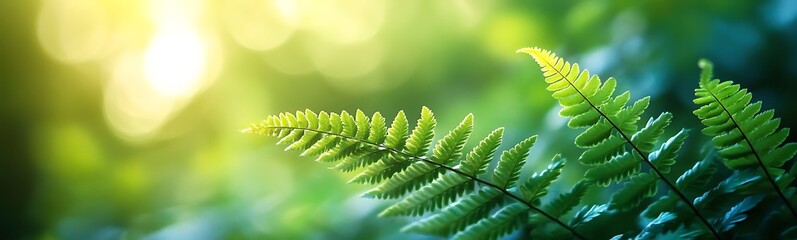 Leinwandbilder - Lush green ferns bathed in soft sunlight, evoking a serene and tranquil natural environment.