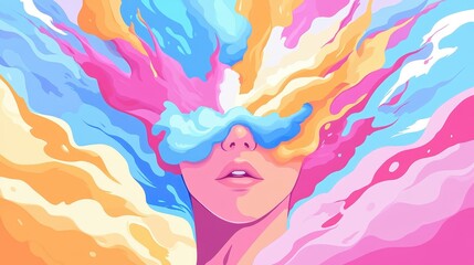 Canvas Print - A whimsical illustration of a face dissolving into a cloud of vibrant, colorful vapor, showcasing modern design and textures.