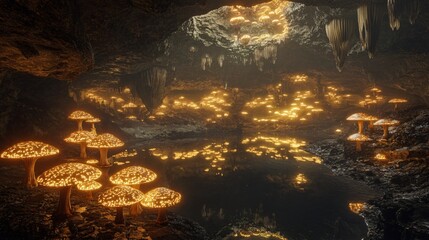 Golden glowing mushrooms in a dark cave with a water reflection.