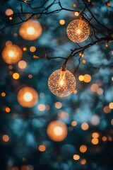 Poster - Twinkling fairy lights hang from branches, illuminating a serene evening with warm, soft bokeh effects against a cool blue backdrop.