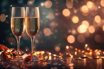 two glasses of champagne with ice and lemon slices on a rustic wooden table.