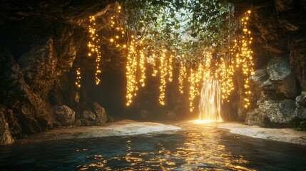 Wall Mural - golden waterfall glowing in a dark cave with a pool of water.