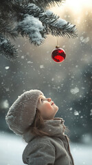 Wall Mural - Little girl gazes at towering Christmas tree, twinkling with colorful lights and ornaments.