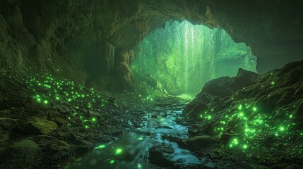 Wall Mural - green light illuminates the path through a cave, creating a mystical atmosphere.