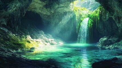 Wall Mural - lush greenery and a waterfall cascade into a tranquil pool within a cave.