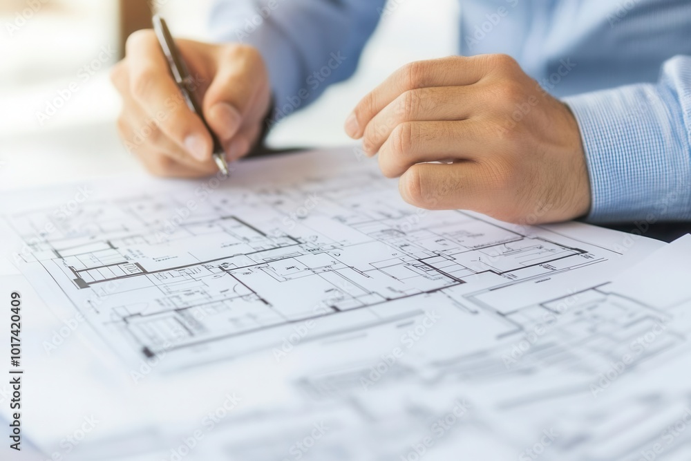 Engineers holding building specifications and adjusting details on ...