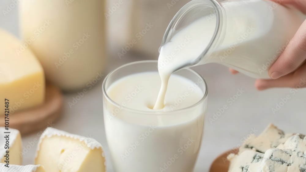 Hand pouring liquid rennet into milk for coagulation, adding rennet ...