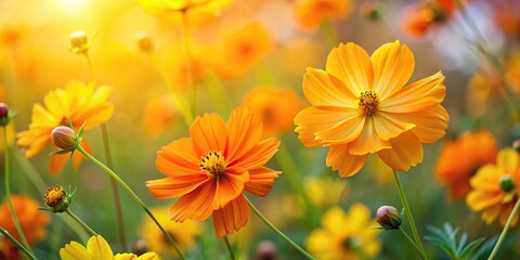 asymmetrical yellow flowers in the garden cosmos sulphureus herbaceous yellow cosmos and orange cosm