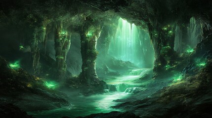 Wall Mural - mystical green cave with waterfall and glowing stones.