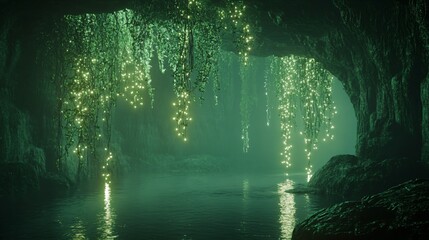 Wall Mural - mystical green cave with glowing vines over a still lake.