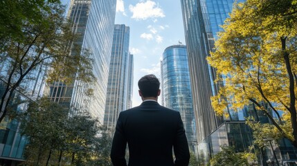 Wall Mural - A businessman facing tall glass office buildings, planning strategy growth for IPO and company profit, modern urban backdrop