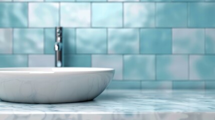 Sticker - Bright white bathroom with sleek marble counter, perfect for showcasing products against a soft blurred backdrop.