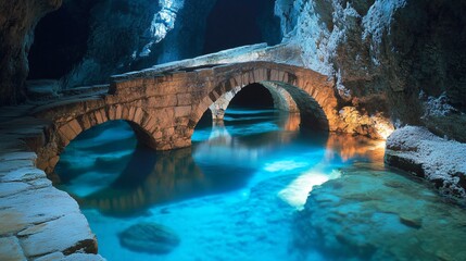 Wall Mural - stone arch bridge over clear blue water in a cave.