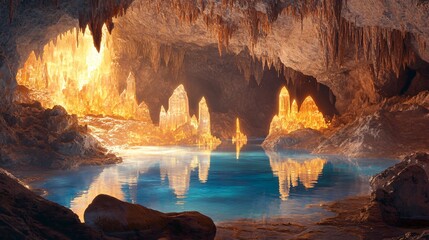 Wall Mural - sunbeams illuminate a cave filled with golden crystal formations and a clear blue lake reflecting th