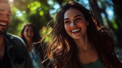 A young woman smiles broadly as she walks with friends in a park.