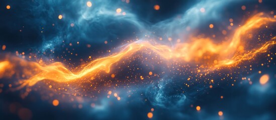 Wall Mural - abstract background with blue and orange glowing waves and particles.