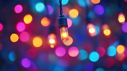 Poster - A colorful light bulb hangs amidst a vibrant backdrop of bokeh lights, creating a festive and captivating atmosphere.