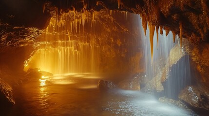 Wall Mural - waterfall cascading into a dark cave with golden light reflecting off the water.