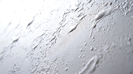 Poster - A close-up view of droplets of water on a smooth surface, showcasing a glistening, reflective texture against a light background.
