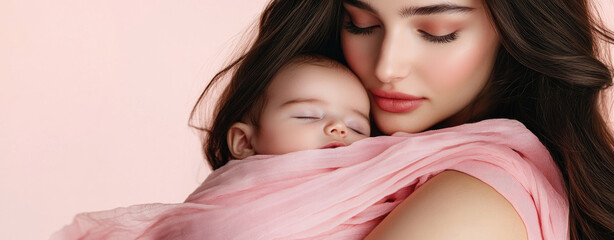 Canvas Print - A beautiful woman is holding her newborn baby wrapped in pink fabric. The background color of the photo is light and clean.