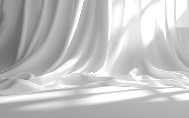 Poster - Soft white curtains drape elegantly, casting subtle shadows on the floor, creating a serene and tranquil atmosphere.