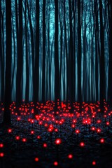 Poster - A serene forest scene featuring glowing red lights amidst tall trees, creating a mystical atmosphere. The fog adds depth to the enchanting landscape at dusk.