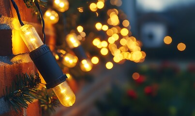 Poster - Soft, warm holiday lights beautifully illuminate a rustic wall, enhancing the charm of a cozy outdoor setting with a blurred background.