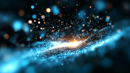Poster - mesmerizing display of sparkling particles and light, creating cosmic atmosphere reminiscent of galaxy. vibrant blue and golden hues evoke sense of wonder and exploration