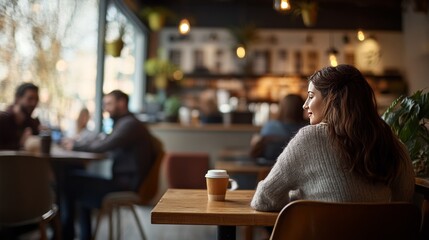 Woman sitting at a cafe table, enjoying a cup of coffee.