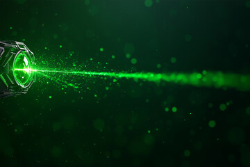 Aufkleber - vibrant green laser beam emits from futuristic device, creating mesmerizing display of light particles against dark background. scene evokes sense of energy and innovation