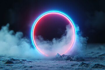 Aufkleber - vibrant neon circle glows amidst misty landscape, creating dynamic and captivating atmosphere. interplay of bright colors and fog evokes sense of mystery and wonder